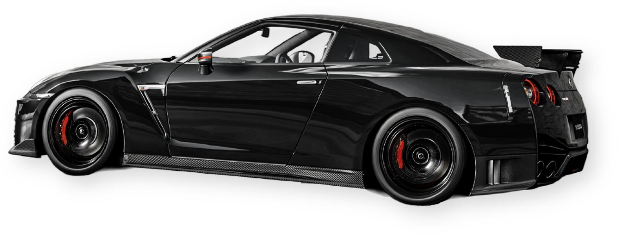 A sleek black sports car with a low profile and aerodynamic design, featuring prominent wheels and a rear spoiler. The image showcases the car against a dark background, highlighting its modern features.
